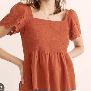 Madewell Eyelet-Sleeve Lucie Smocked Peplum Top, Burnt Orange XS